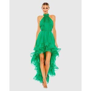 Mac Duggal Size 8 Green Ruffle Tiered High Low Pleated Halter Neck Gown Dress